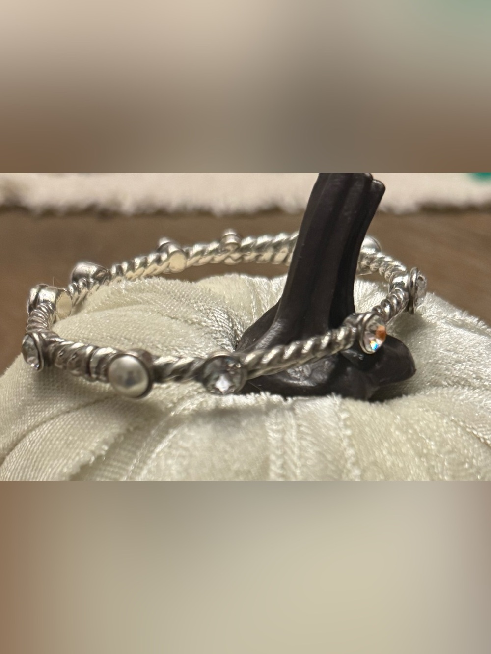 Brighton Silver-Tone Twisted Bangle with Clear and Pearl Stones - Picture 2 of 6